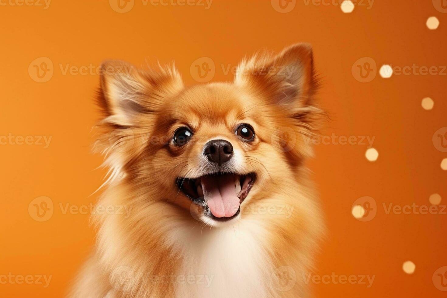 Happy cute dog portrait on orange background with festive decorations and copy space. AI generated. photo