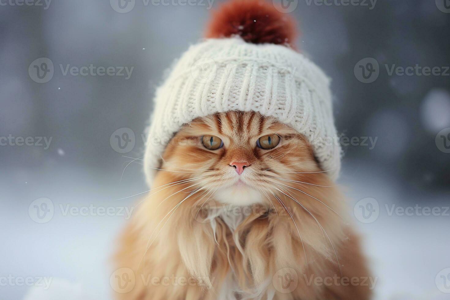 Funny fluffy ginger cat in in a warm knitted hat on a winter day. AI generated. photo
