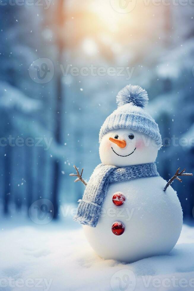 Cute snowman in a blue knitted hat and scarf in a winter forest with copy space. AI generated. photo