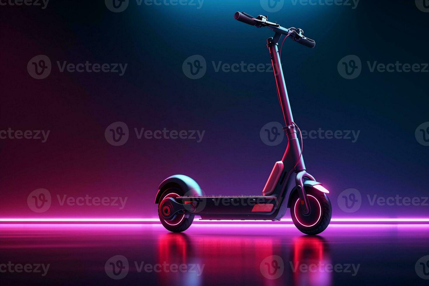 Electric scooter on neon background with copy space. Eco transport. AI generated. photo