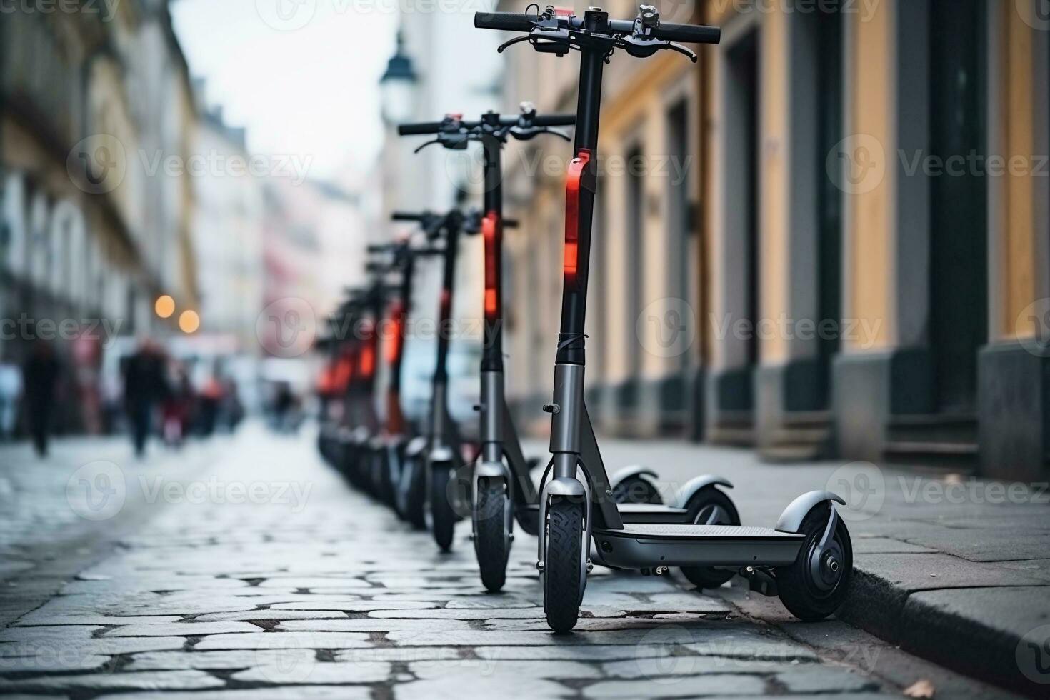 Electric scooters on city street. Eco transport. AI generated. photo