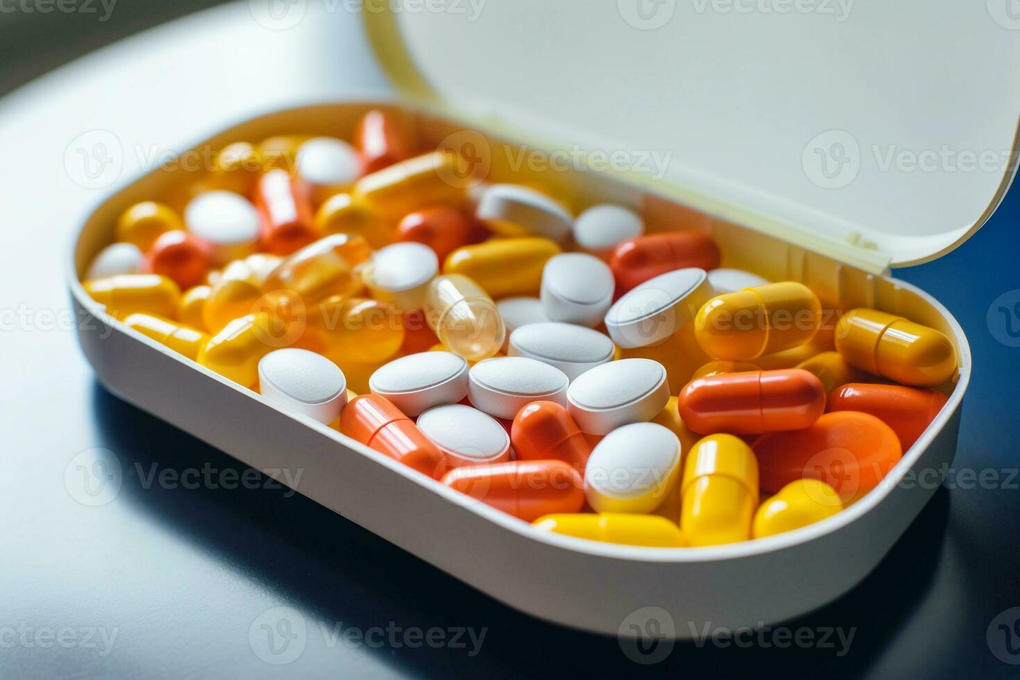 caja de vistoso pastillas y cápsulas en el mesa, cerca arriba vista. cuidado de la salud y medicina concepto. ai generado. foto