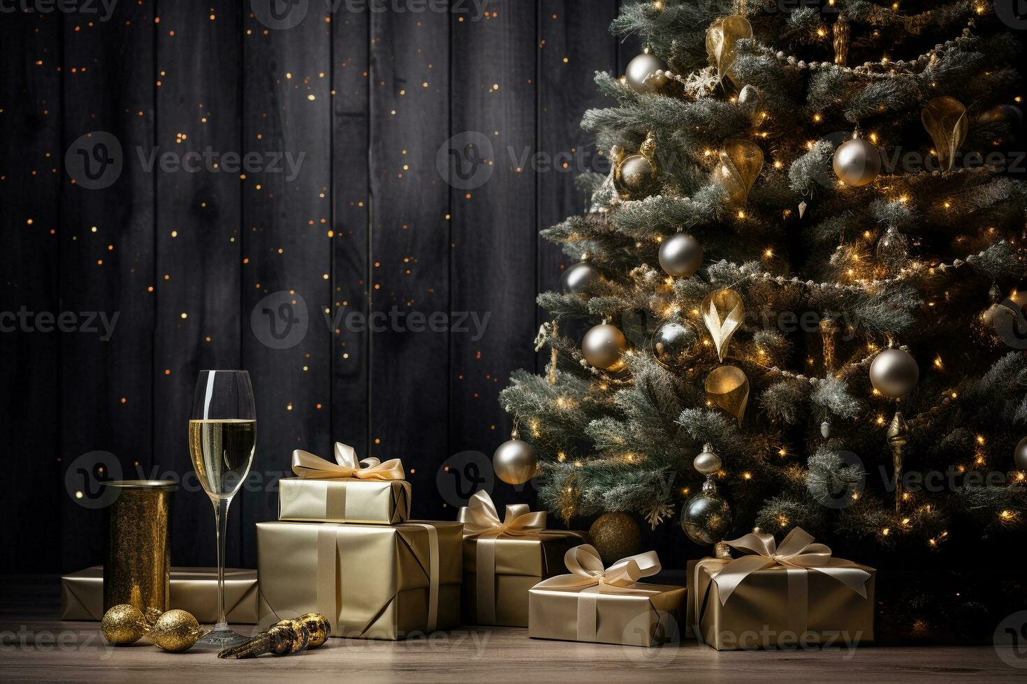 Glass of champagne and gift boxes under Christmas tree. Christmas and New Year background with copy space. AI generated. photo