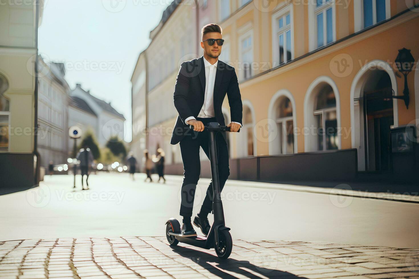 joven hombre en un negocio traje montando eléctrico scooter en ciudad calle. eco transporte concepto. ai generado. foto