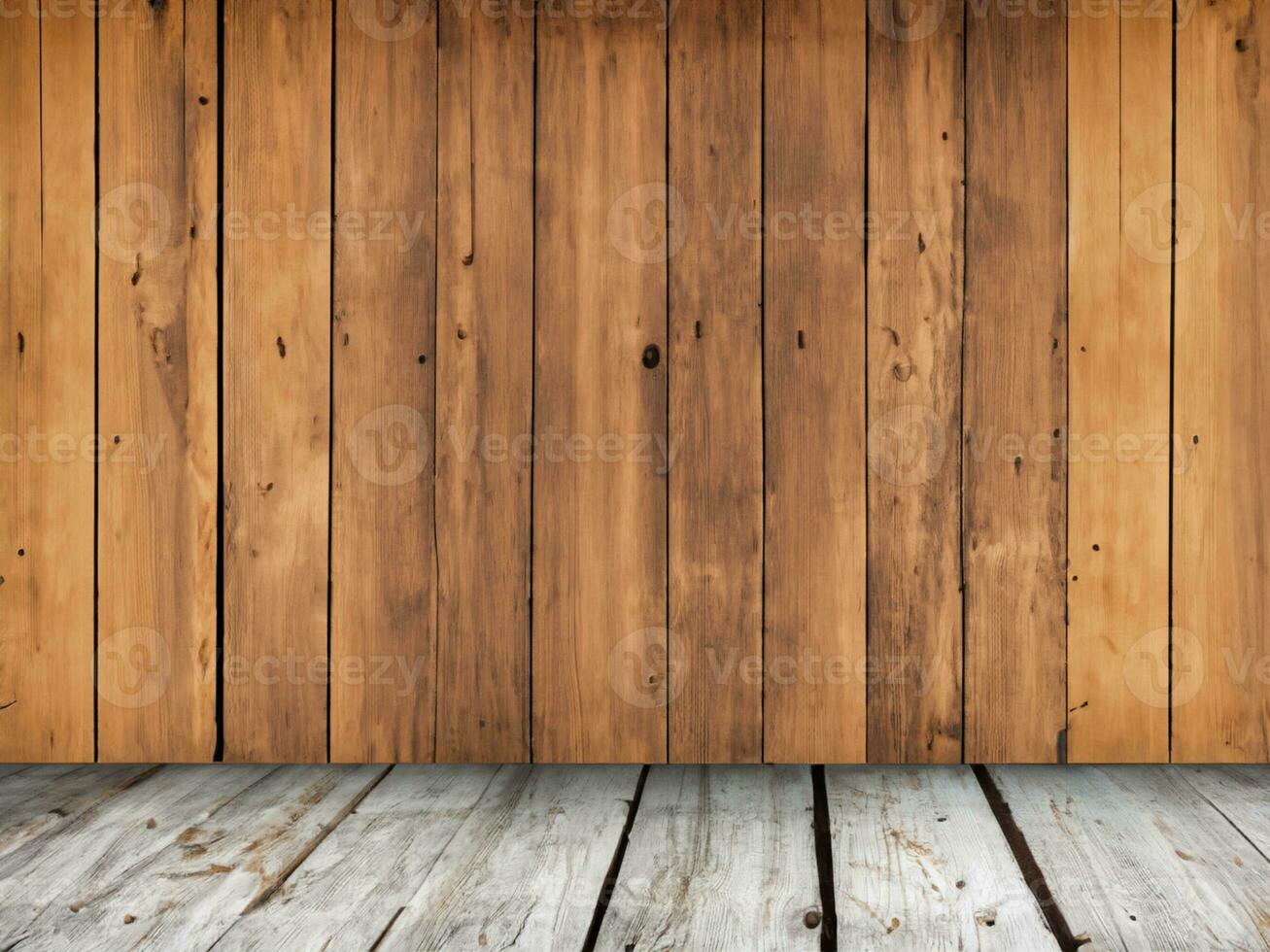 vacío de madera mesa parte superior con marrón pared y piso antecedentes. foto
