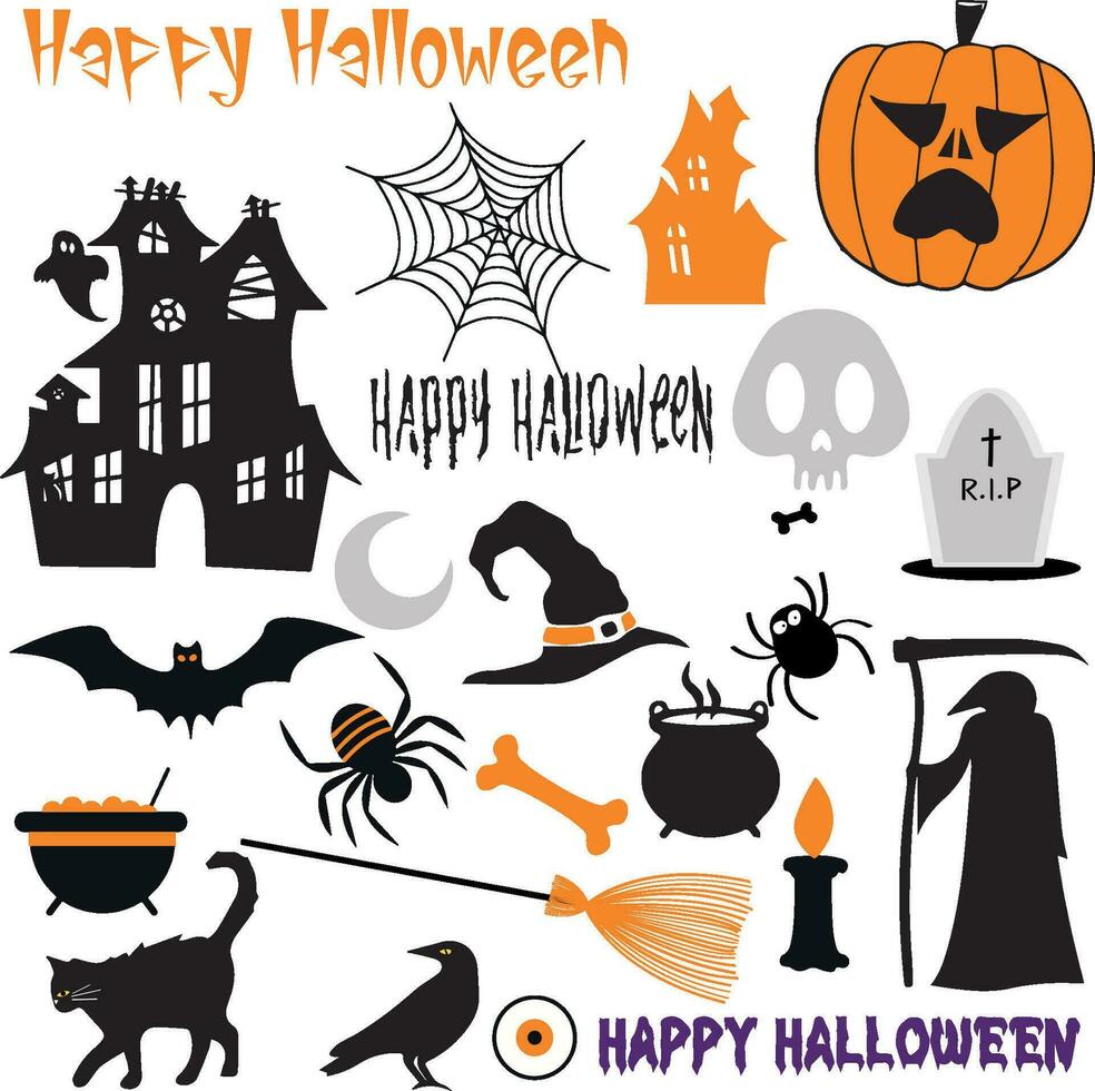Halloween icons set isolated on white background. Vector Illustration.