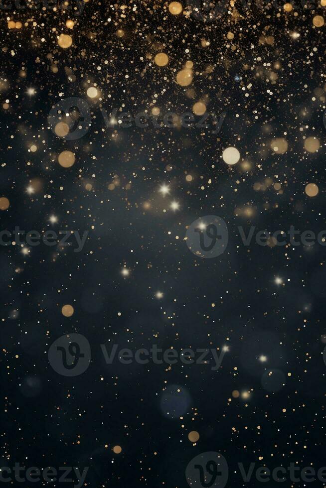 Abstract festive dark background with gold glitter and bokeh. New year, birthday, holidays celebration. AI generated. photo