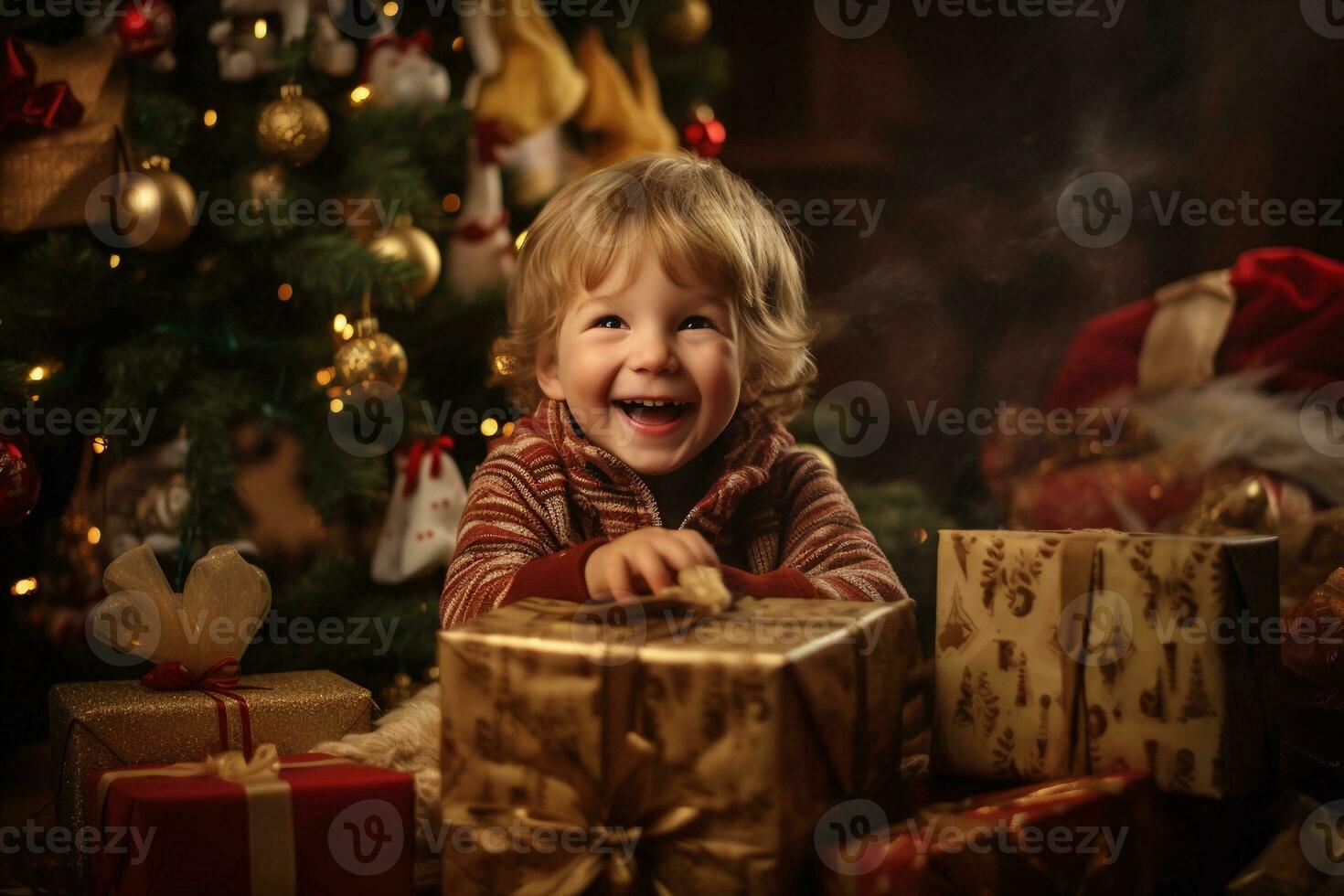 contento pequeño chico desempacar regalos a el Navidad árbol. Navidad y nuevo año celebracion. ai generado. foto