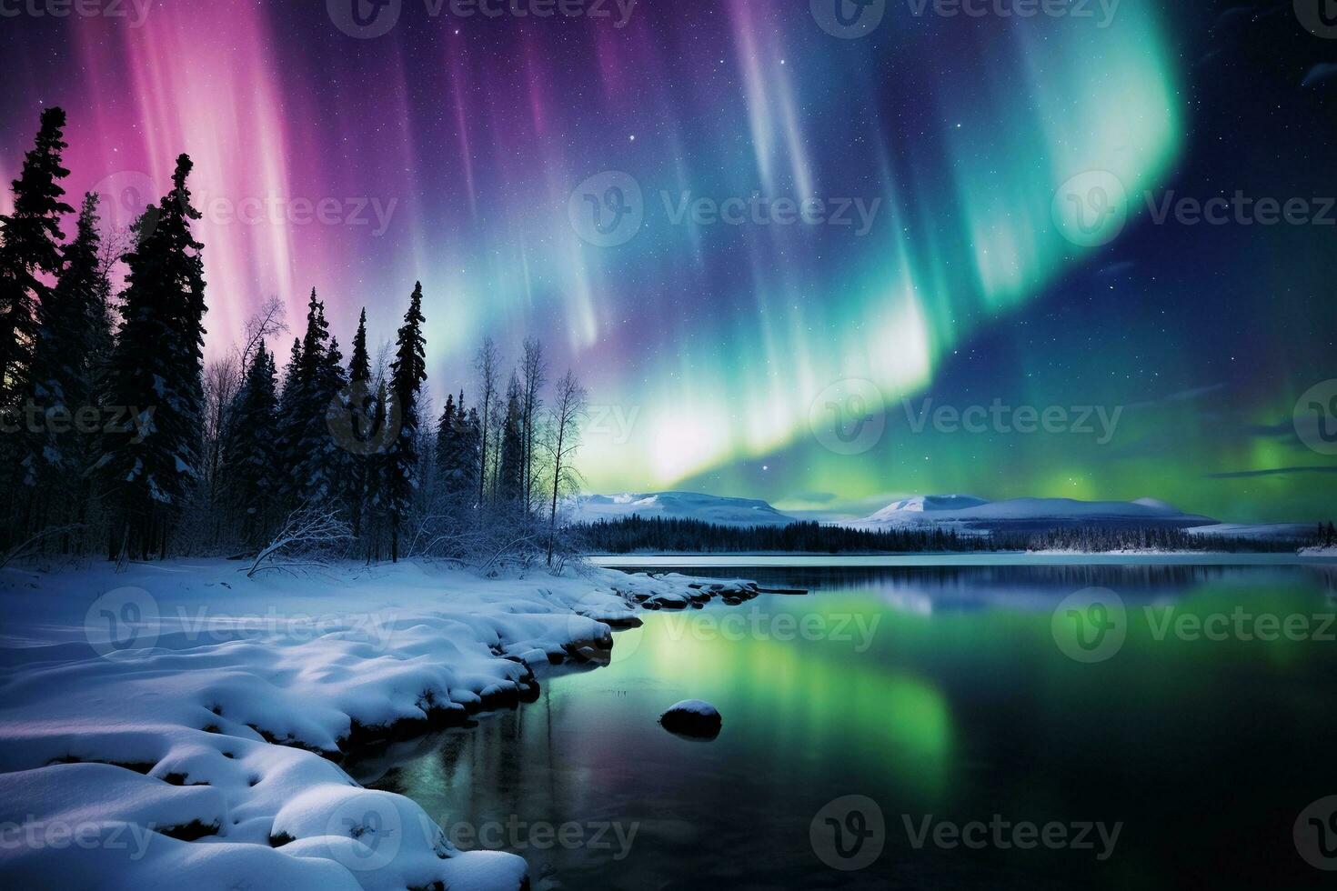 Winter night landscape with colorful northern lights in the forest on the lake shore. Aurora Borealis. AI generated. photo
