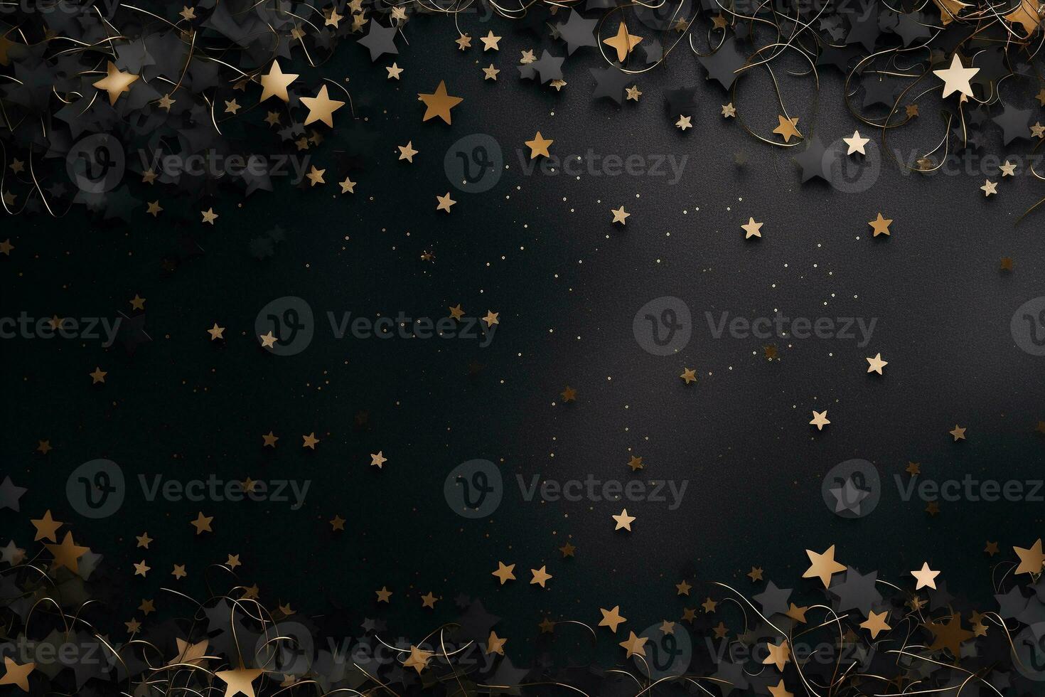 Abstract festive dark background with gold and black stars. New year, birthday, holidays celebration. AI generated. photo