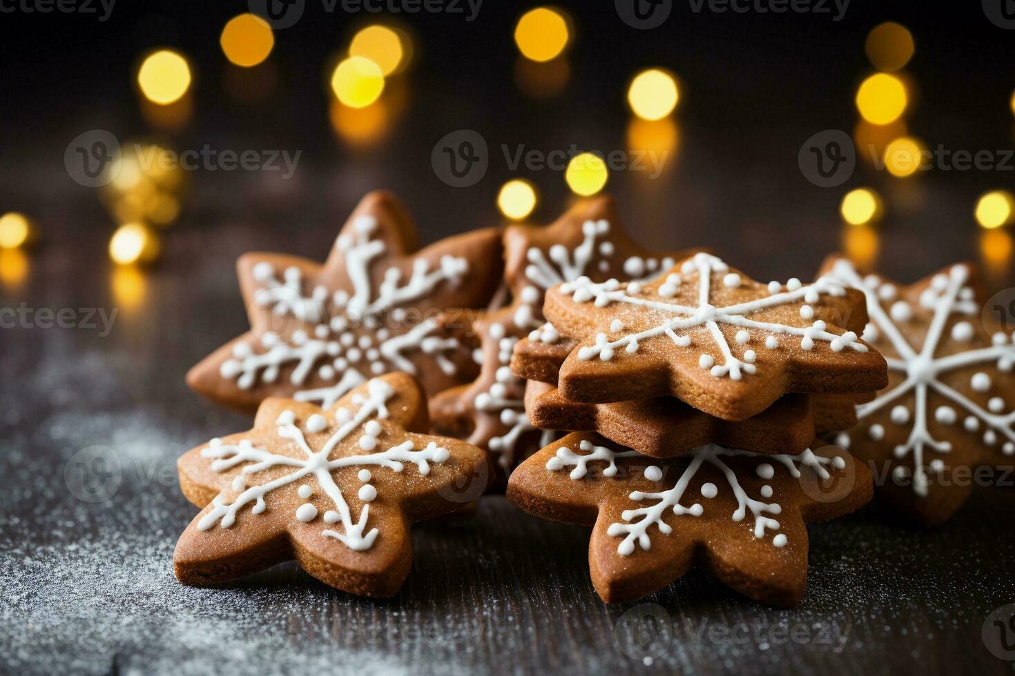 Gingerbread snowflakes homemade cookies on festive background, close up. Christmas pastries. AI generated. photo