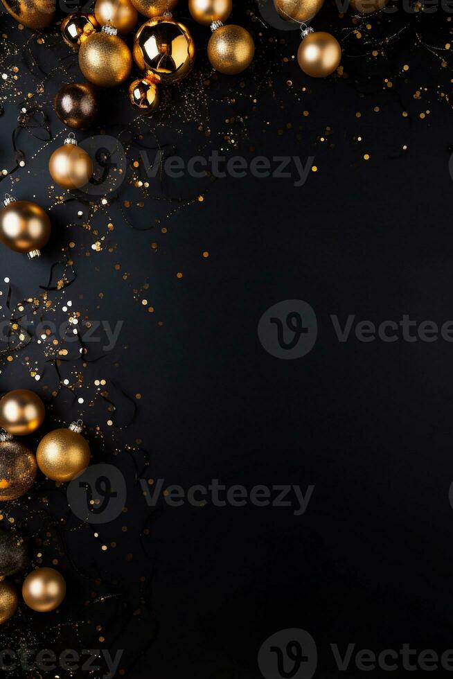 Black vertical background with gold Christmas balls and copy space. New Year, winter holidays. AI generated. photo