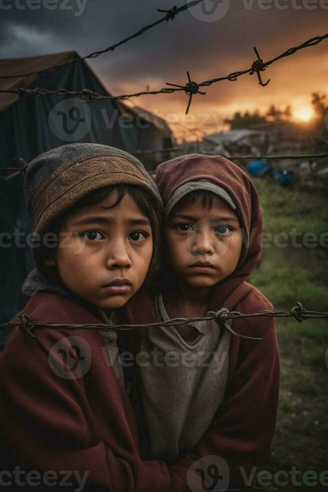 AI Generated dirty face deep look sad children at refugee camp, war, climate change, and global politics concept photo