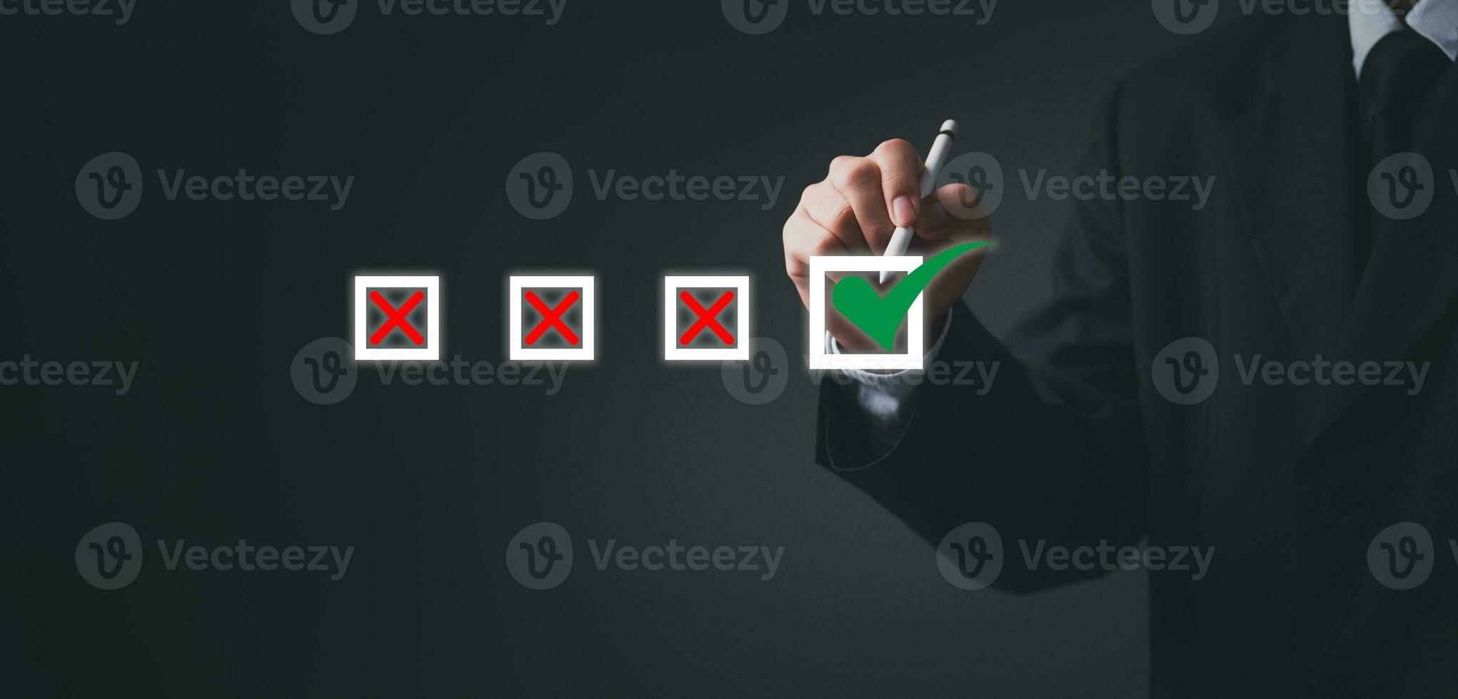 man chooses questionnaire with Checklist business target marketing planning with quality management and improvement. Standardization, certification form online using technology photo