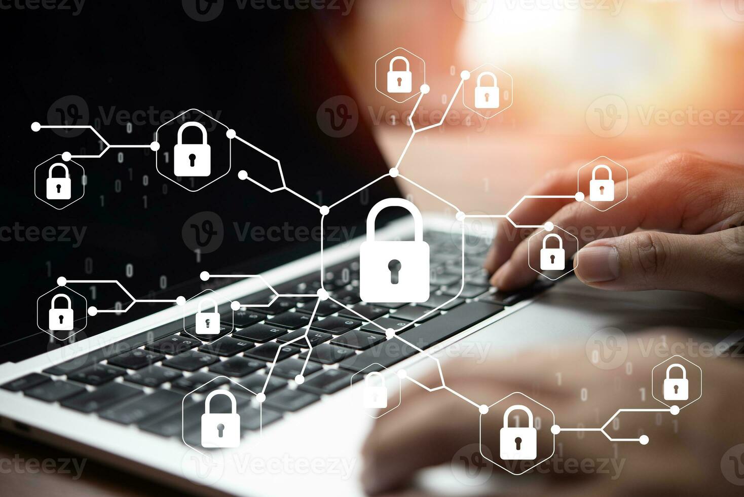 Cyber Security system Protects Data Information Safe Storage Networks. businessman using laptop Internet Secure Data Management privacy. photo