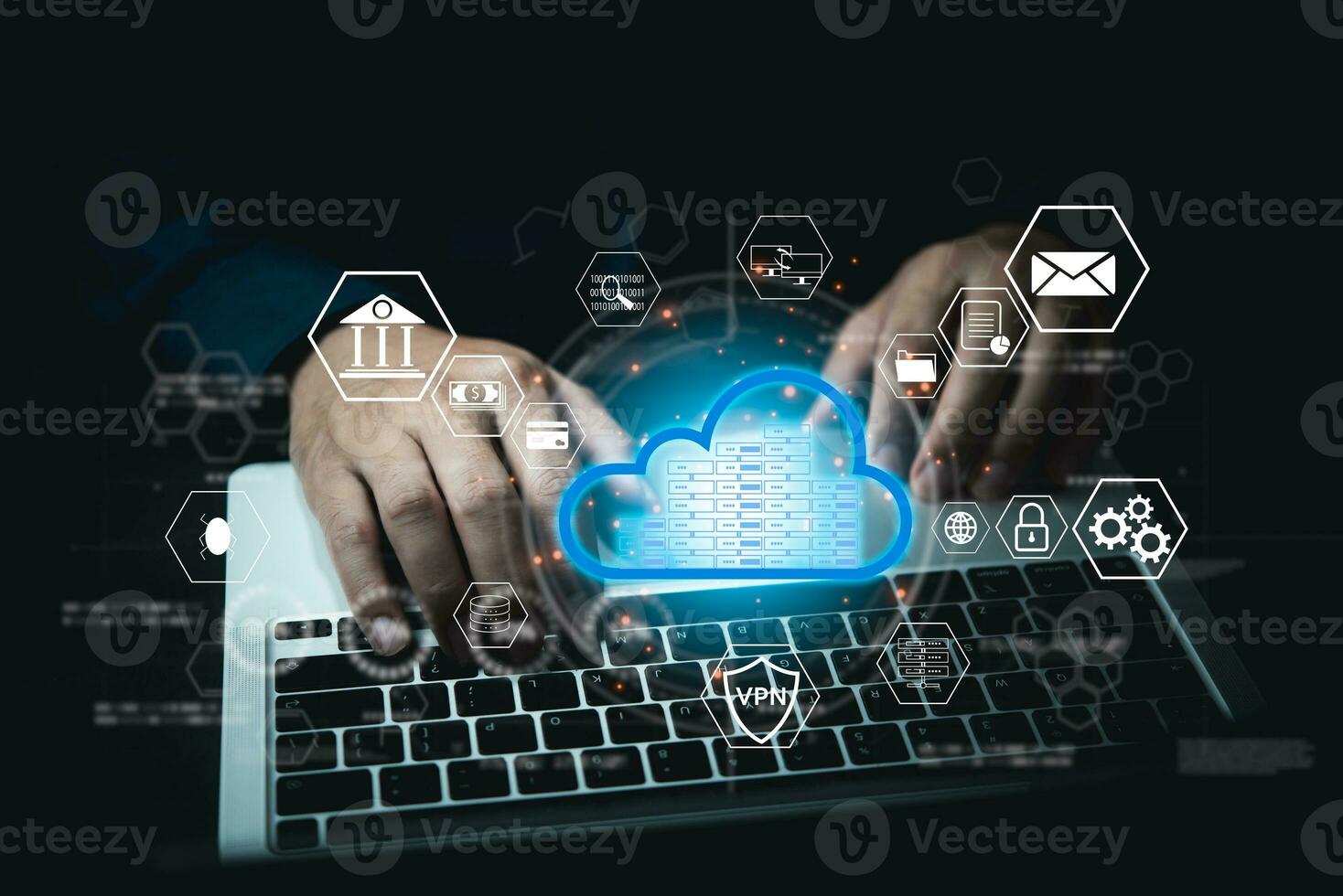 Cloud cyber security information internet online system network. Innovation server web data storage multimedia and financial and banking. photo
