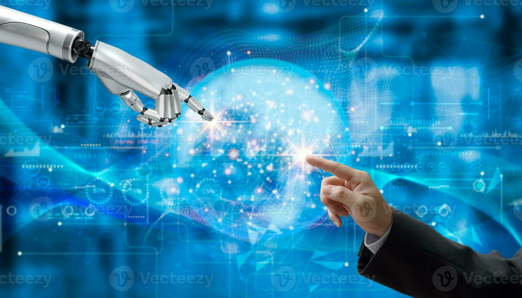 Artificial Intelligence AI Robot Analyzing Big Data Innovative 3D Rendering futuristic robot and machine learning web 3.0 concept. photo