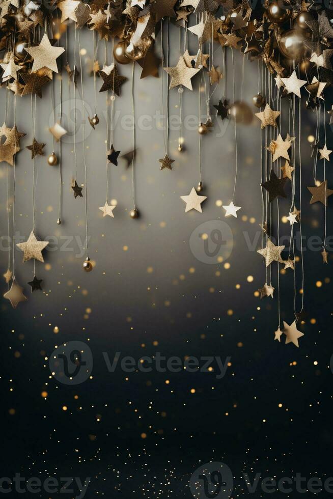 Festive black vertical background with gold stars and Christmas balls hanging. New Year, winter holidays. AI generated. photo