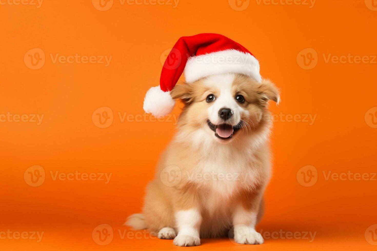 Happy cute dog in Santa Claus hat sitting on orange background with copy space. Christmas and New Year celebration concept. AI generated. photo