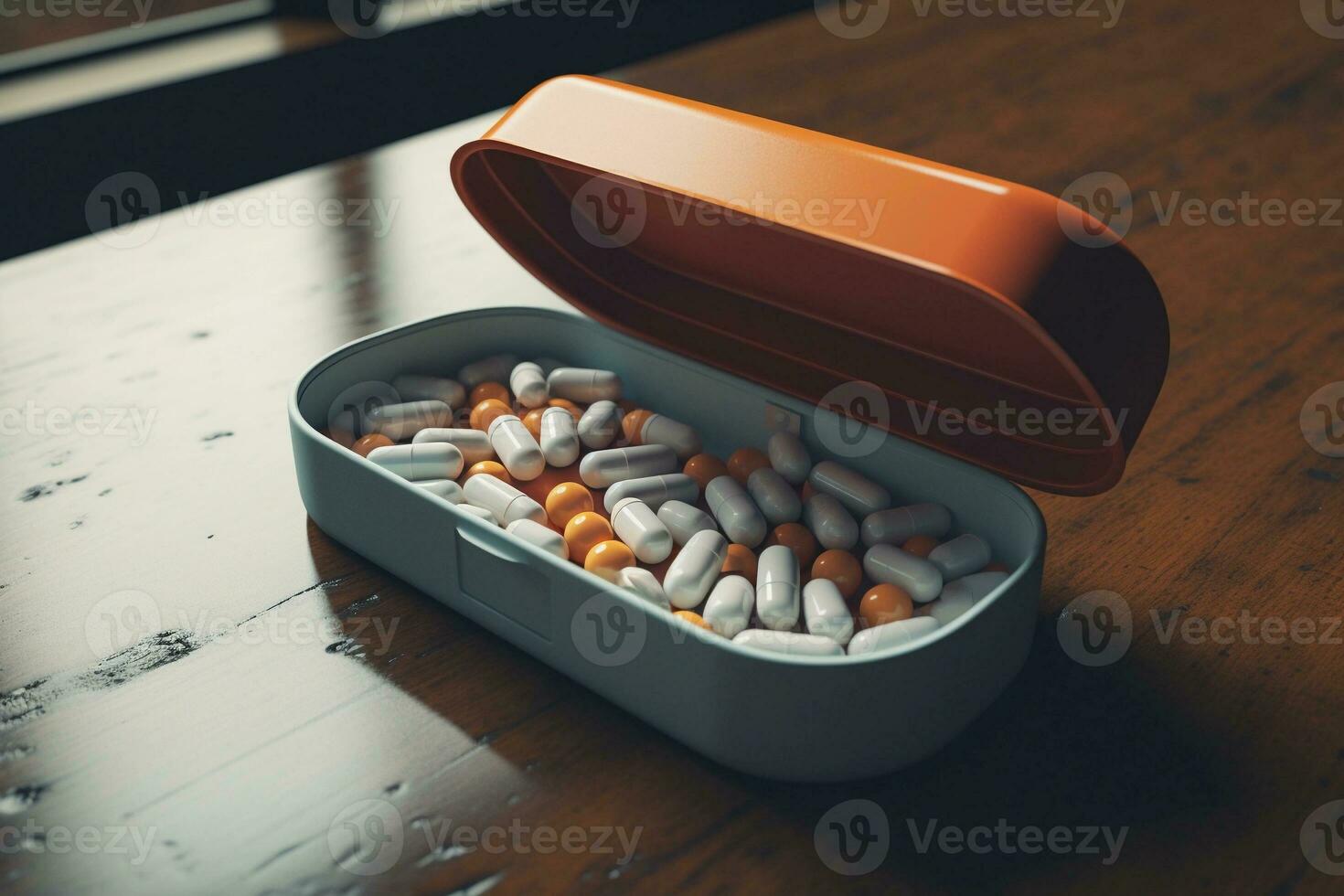 caja de blanco y naranja pastillas y cápsulas en de madera mesa, cerca arriba. cuidado de la salud y medicina concepto. ai generado. foto