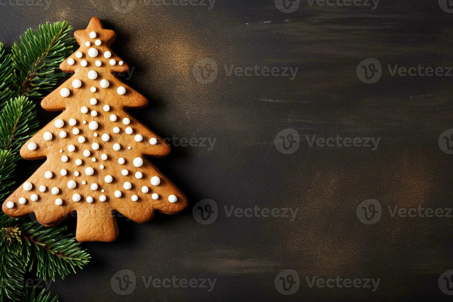 Gingerbread Christmas tree homemade cookie on dark background with copy space. Winter holidays pastries. AI generated. photo