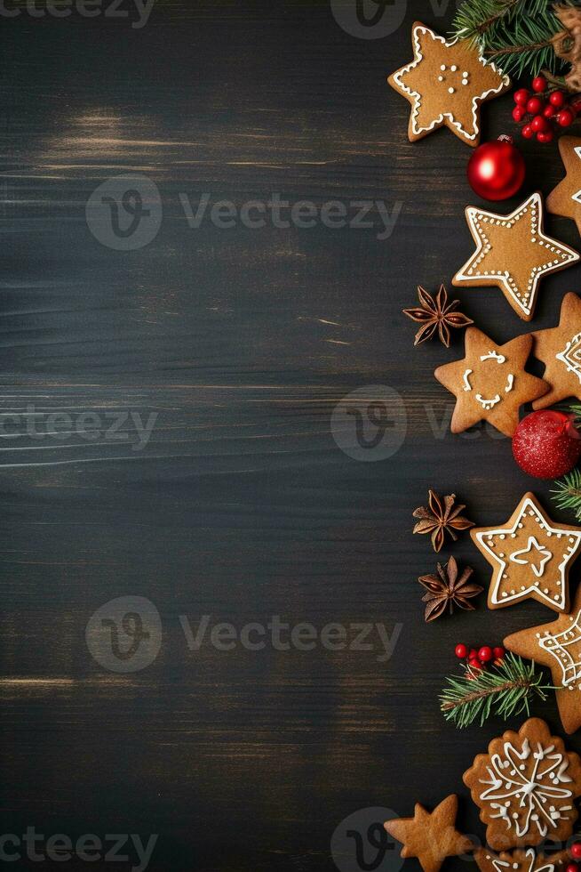 Christmas gingerbread homemade cookies and star anise background, copy space. Winter holidays pastries. AI generated. photo
