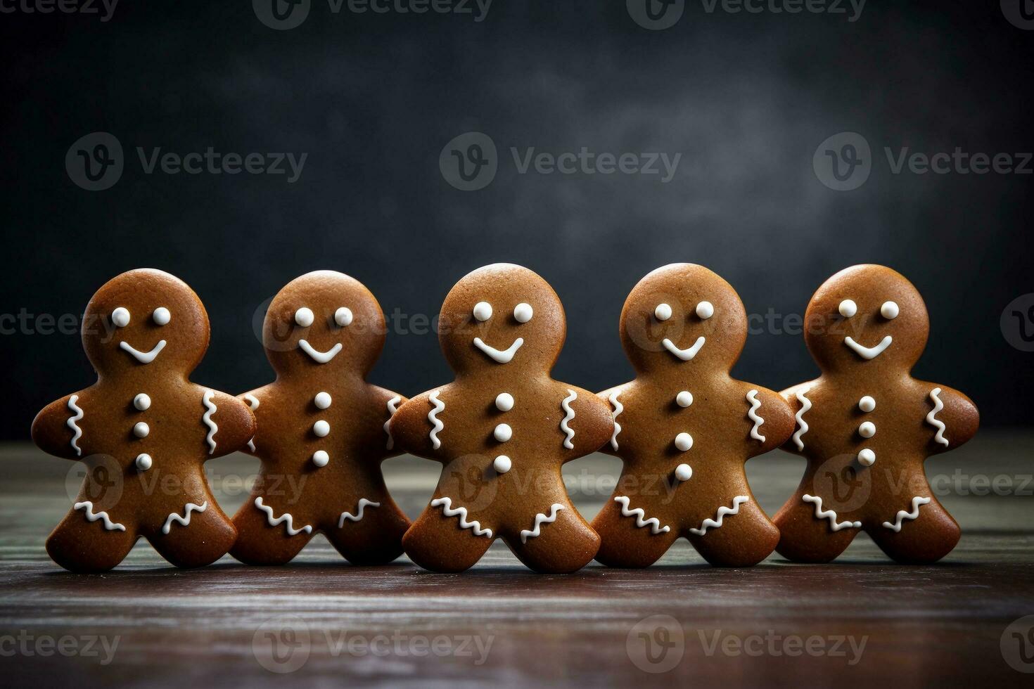 Gingerbread men homemade cookies on the table, copy space. Christmas pastries. AI generated. photo