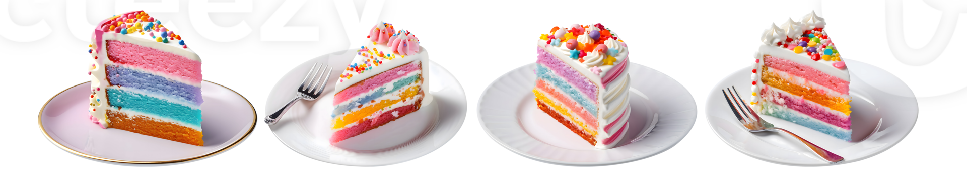 Slice of Rainbow Cake on plate top view with transparent background, smooth blur edge, Generative AI png