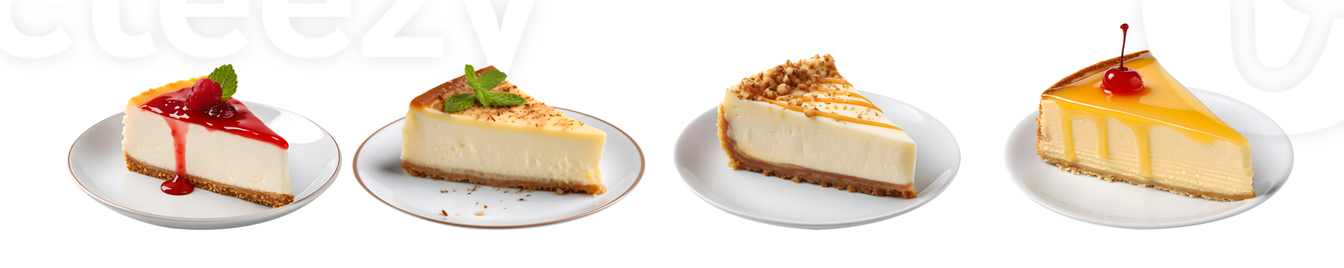 Slice of Cheese Cake on plate top view with transparent background, smooth blur edge, Generative AI png