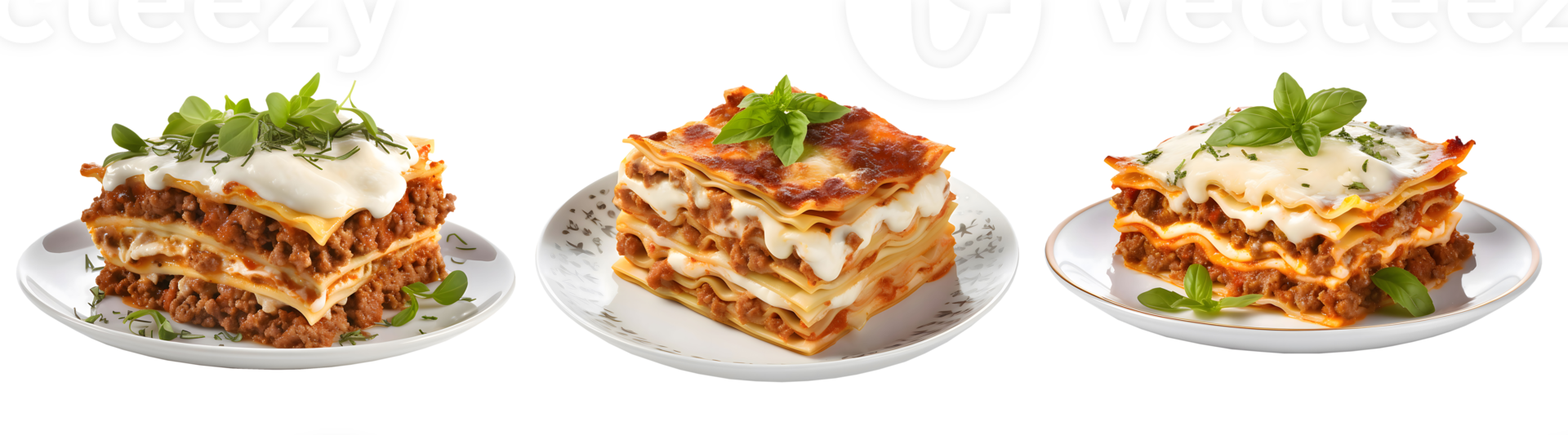 Tasty hot Lasagna served with a basil leaf on white bowl, side view with transparent background, smooth blur edge, Generative AI png
