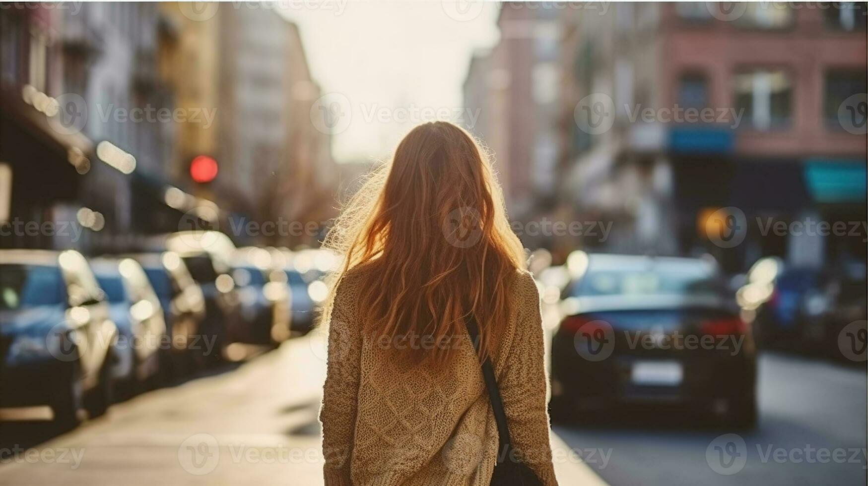 Rear view of young woman strolling on city street. Generative AI photo