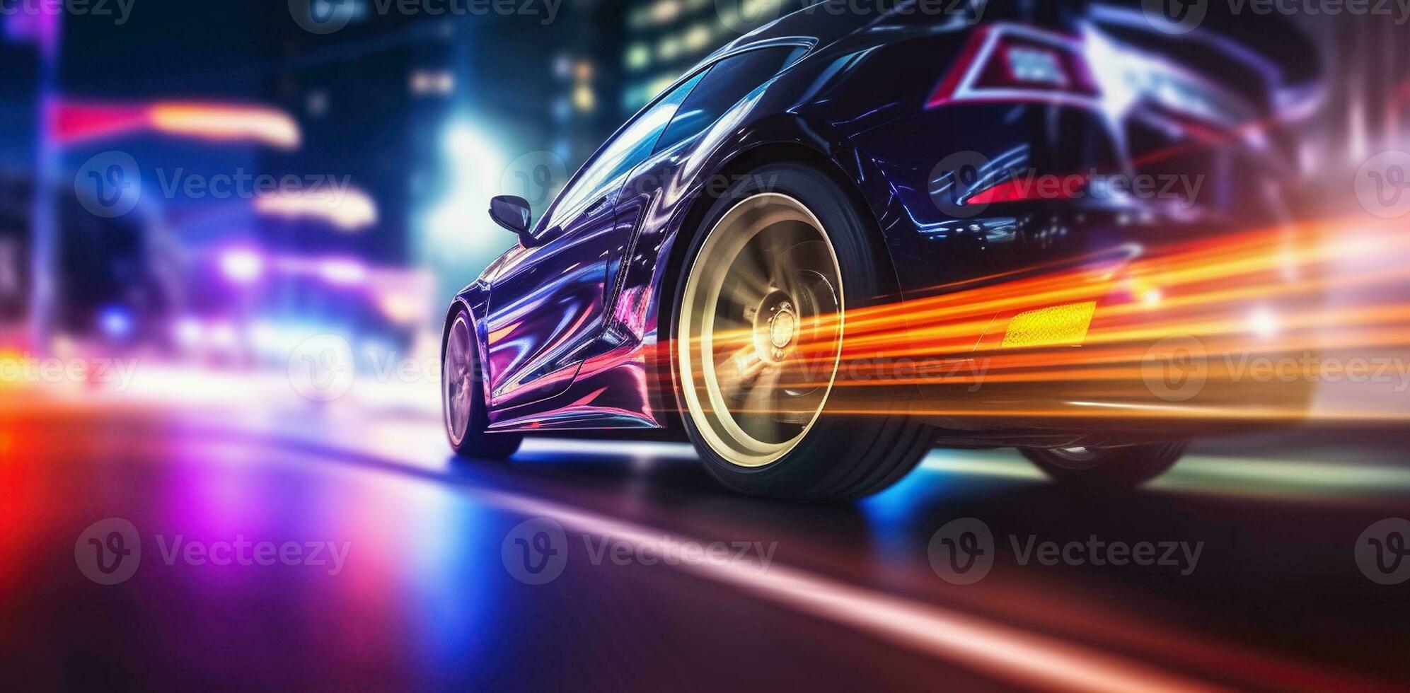 Captivating Night Drifts with a Sport Car Wheel Drifting Amidst the Dazzling City Lights. Generative AI photo