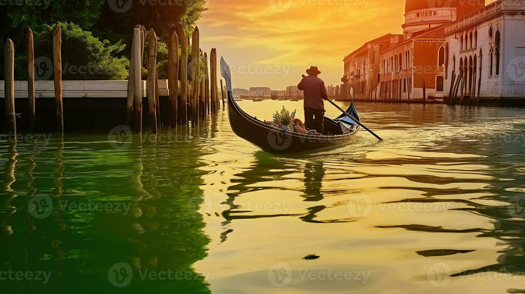 The Graceful Journey of a Venetian Gondolier, Punting through the Emerald Canals of Venice, Italy. Generative AI photo