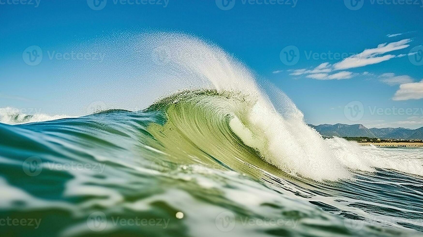 Powerful foamy sea waves rolling and splashing over water surface against cloudy blue sky, Generative AI photo