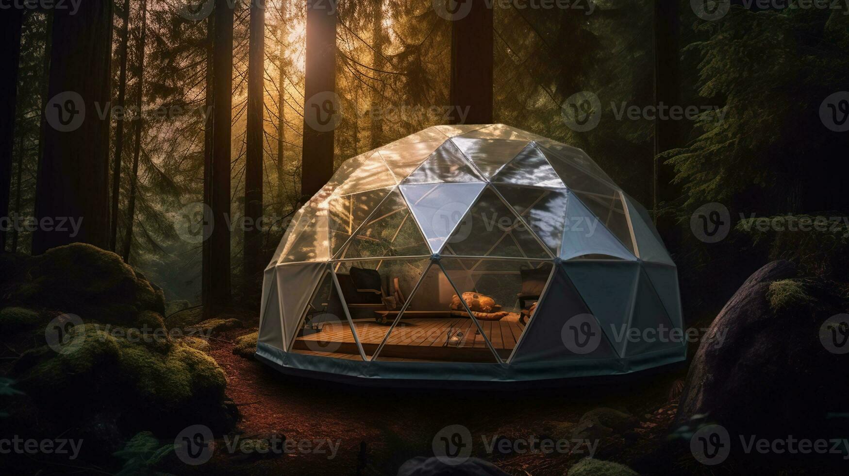 Campsite geodesic glamping bubble dome with leds in the forest. Generative AI photo