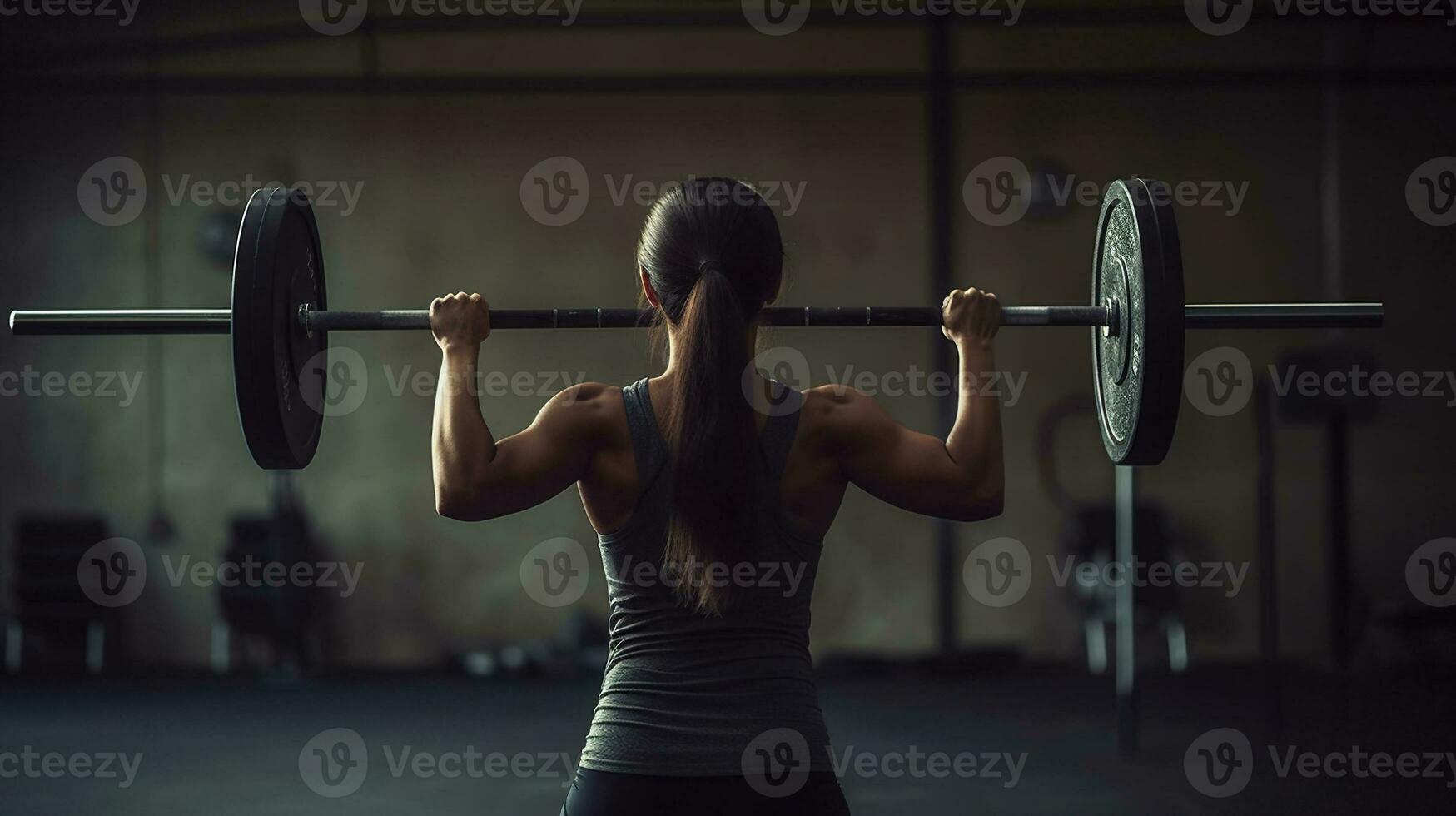 un mujer haciendo ejercicio con barra con pesas en un gimnasia. generativo ai foto