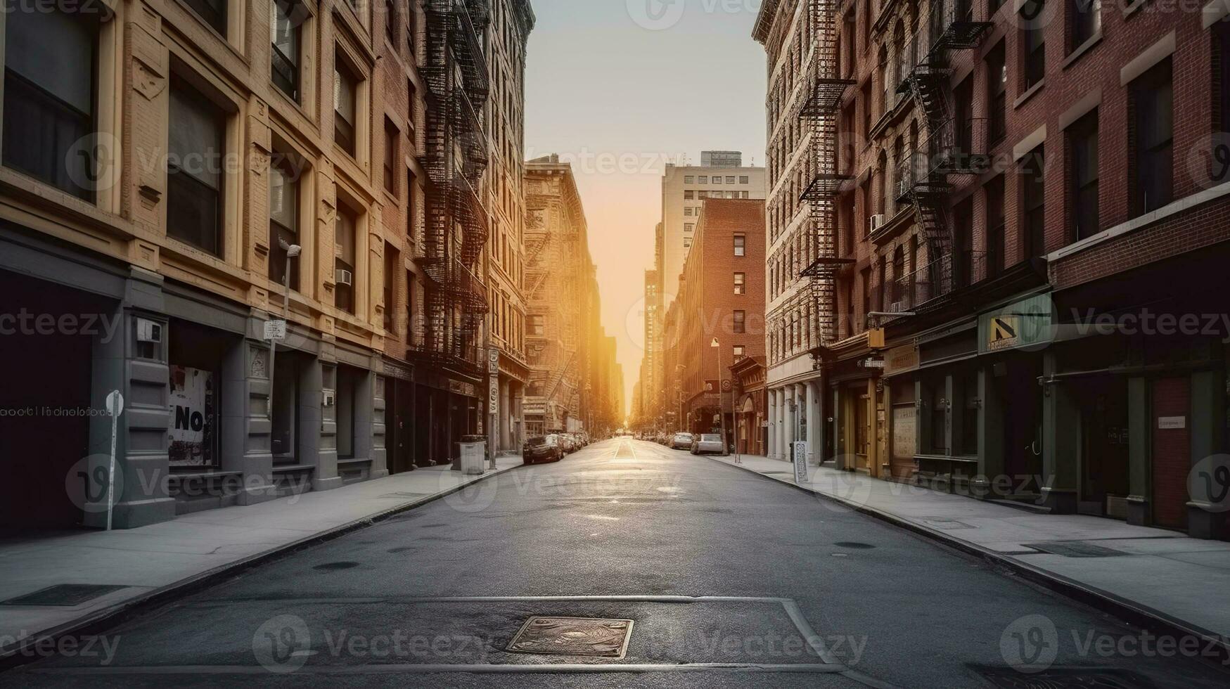 Empty street at sunset time in SoHo district, New York. Generative AI photo