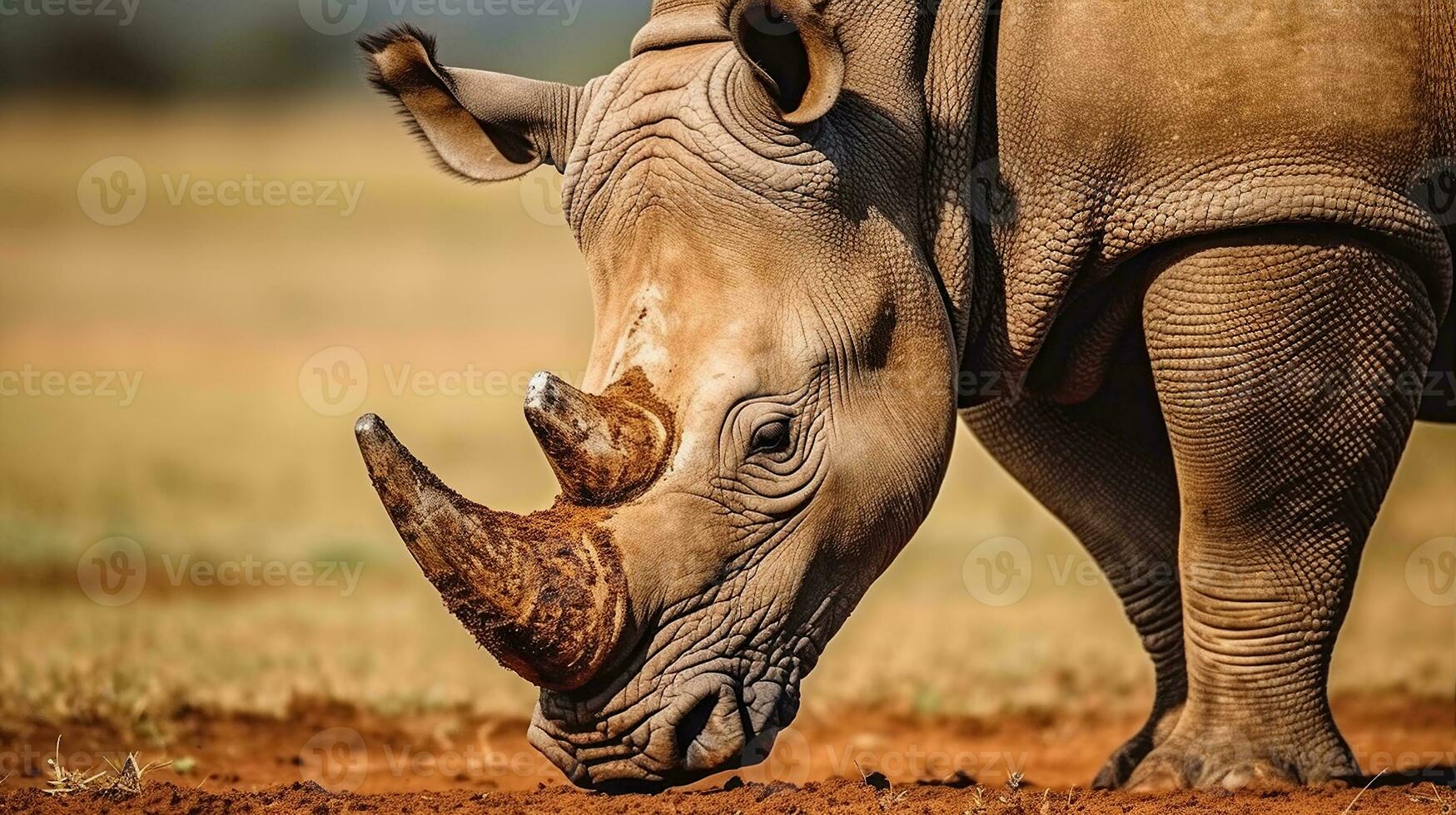 Rhino in the Savannah - Mud, Grass, and Serene Beauty. Generative AI photo