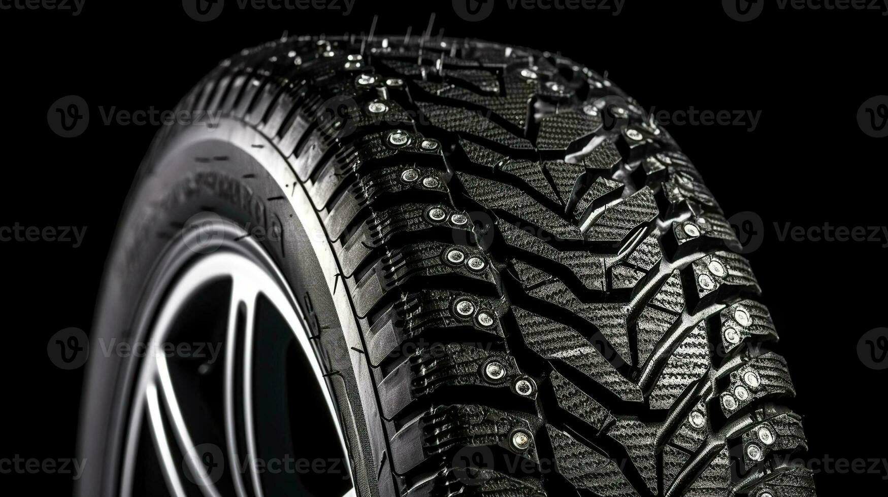 Tire for snow and ice on a black background. Generative AI photo