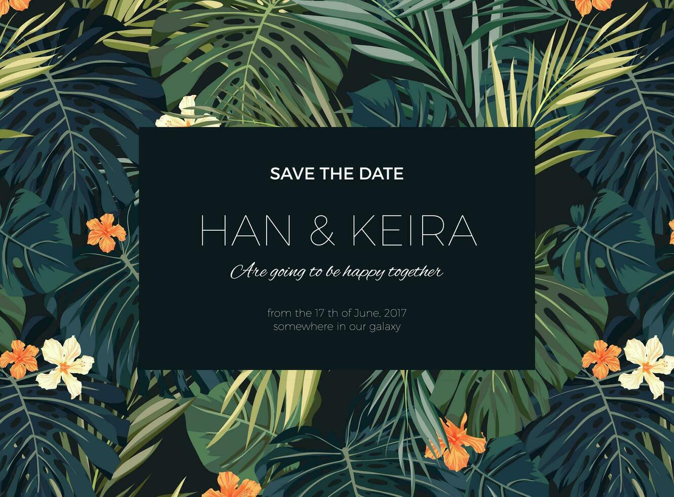 tropical wedding invitation with palm leaves and flowers vector