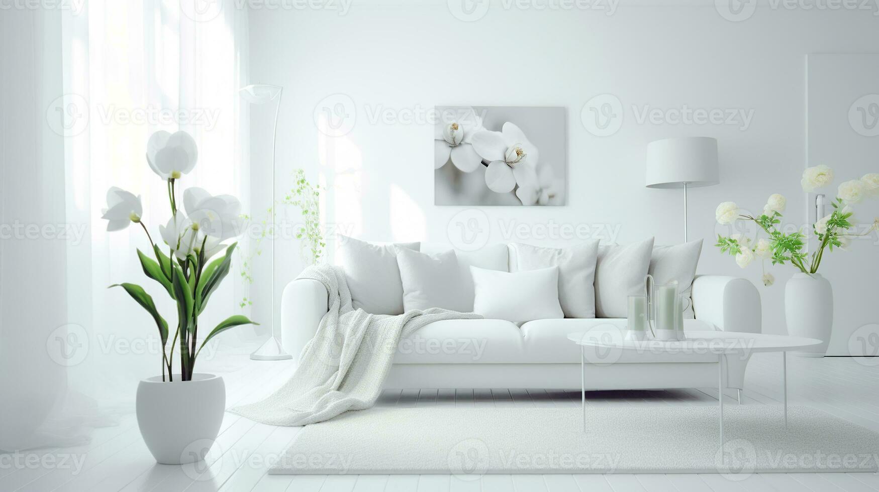 Modern white interior design with spring decoration, Generative AI photo