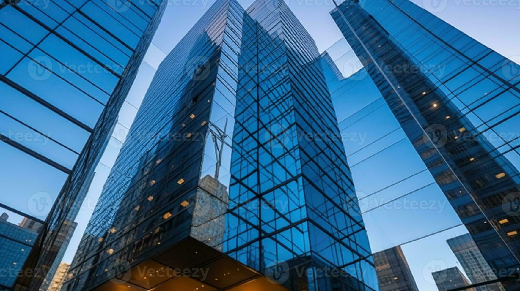 From below of entrance of office building next to contemporary high rise structures with glass mirrored walls and illuminated lights in city against cloudless blue sky. Generative AI photo