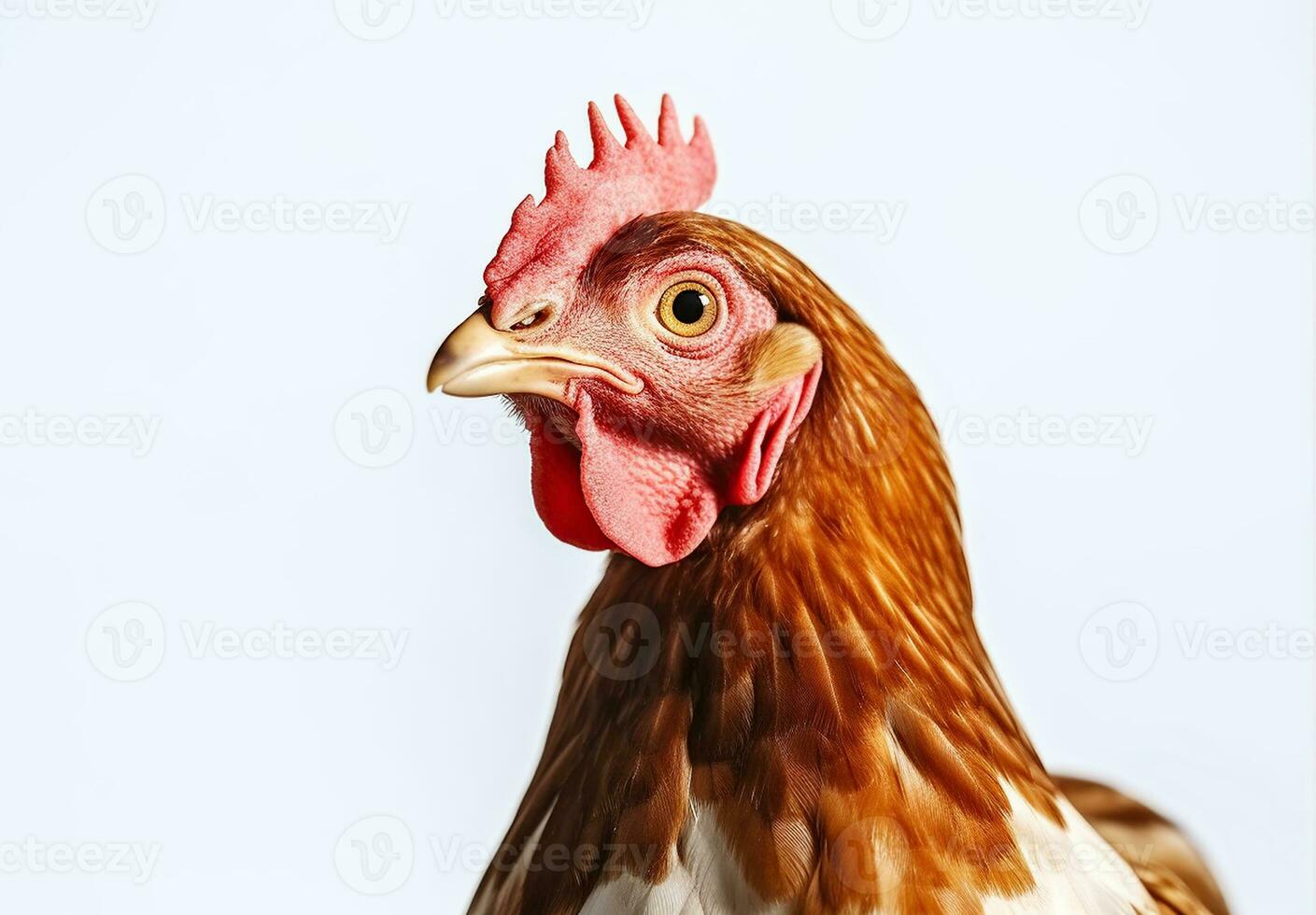 Red domestic chicken standing on white background. Generative AI photo