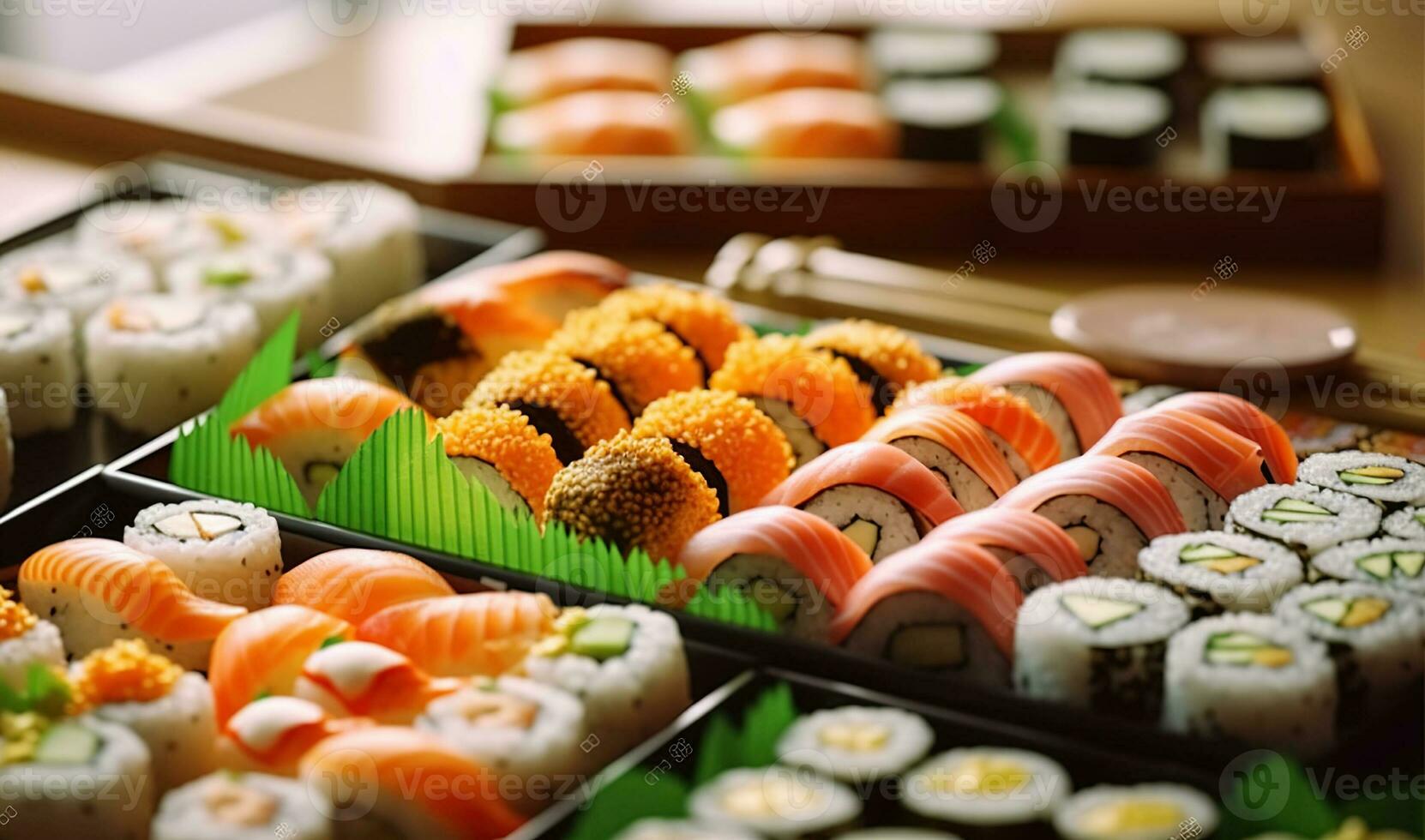 Appetizing delicious colorful sushi served table in restaurant. Generative AI photo