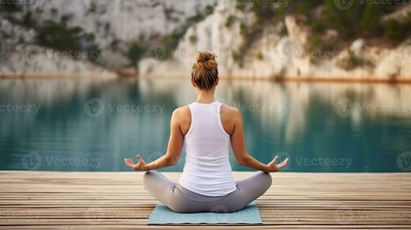 Back view full body of cropped unrecognizable focused female athlete in activewear practicing yoga in padmasana with mudra hands on wooden pier. Generative AI photo