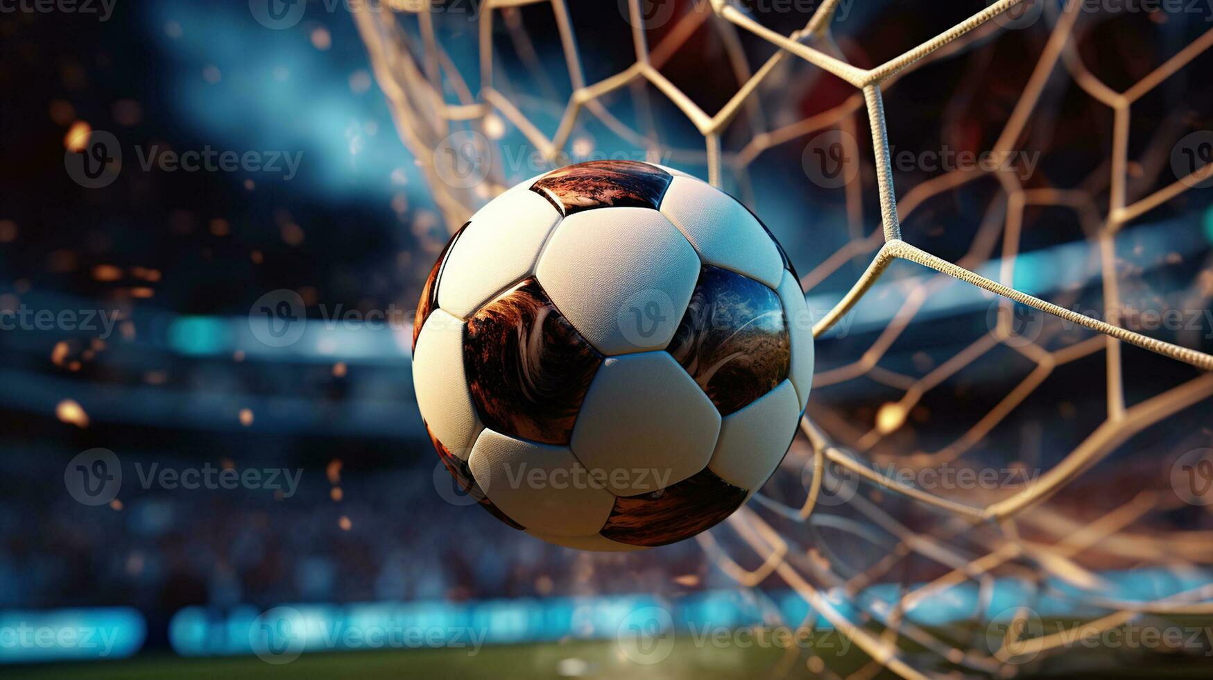 Soccer ball bends the net inside soccer stadium. Generative AI photo