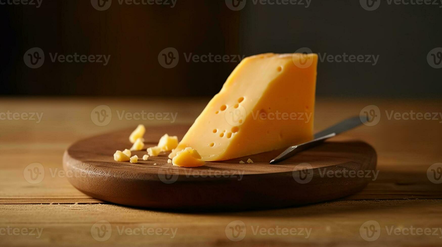 queso en un tablero en un de madera mesa, generativo ai foto