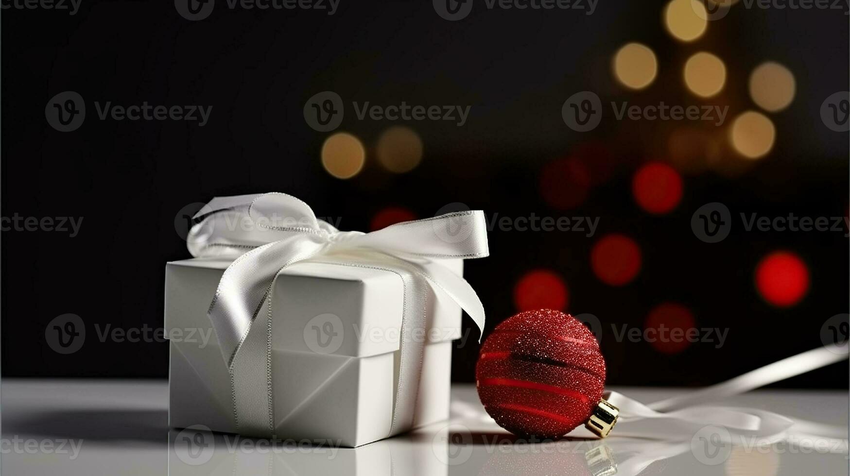 un blanco Navidad regalo caja con rojo arco y blanco pelota en oscuro fondo, generativo ai foto