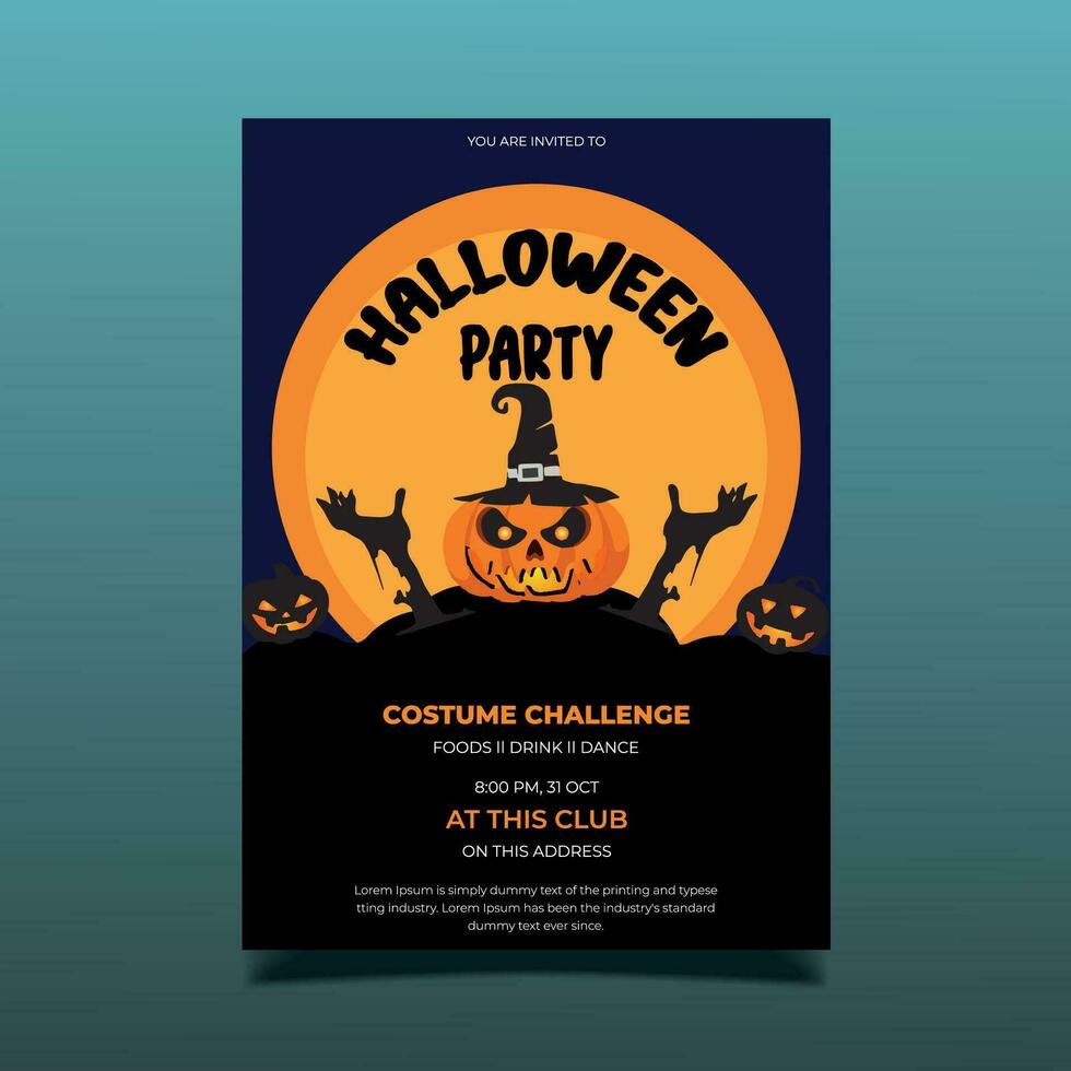 Halloween vertical background with pumpkin, haunted house and full moon. Flyer or invitation template for Halloween party. Vector illustration.
