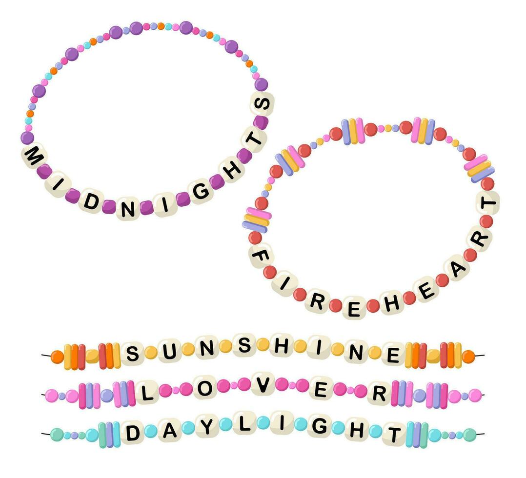 Bracelets from words midnights, fireheart, sunshine, lover, daylight vector